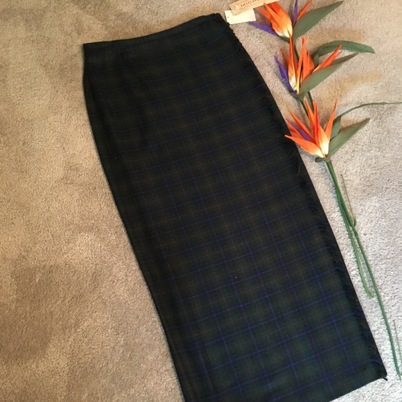 NEW~Michele Navy and Green Wool Plaid Wrap Skirt - Picture 1 of 4